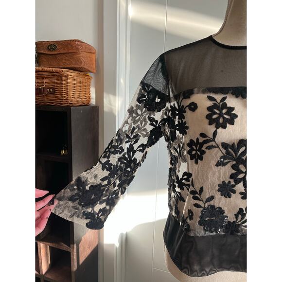 Vintage Kathy Cole Black Sheer Lace Floral Sequin Blouse Top Dark Romance 12 USA - Picture 3 of 13